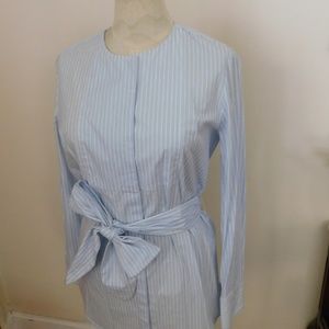 Mango Blue White Stripe Tie Belt Tunic Shirt
